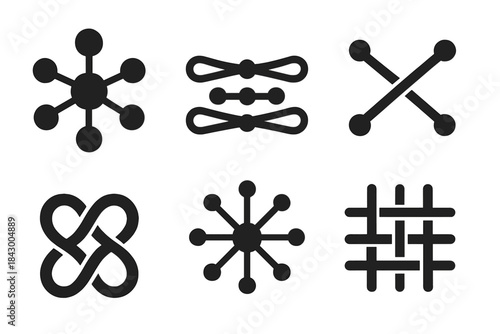 Symbolic Connection Icons. Solid style icons of symbolic connections: interlinked idea web, connected logic strands, crossed