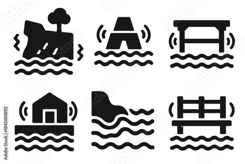 Environmental Motion Icons. Solid style icons of environmental motion: trembling shoreline, vibrating tide barrier, shifting wave