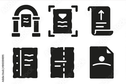 Threshold Knowledge Icons. Solid style icons of threshold knowledge: gateway manuscript, boundary parchment, limit-crossing scroll