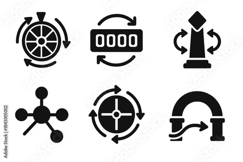 Symbolic Movement Icons. Solid style icons of symbolic movement: rotating destiny wheel, shifting fate counter, oscillating