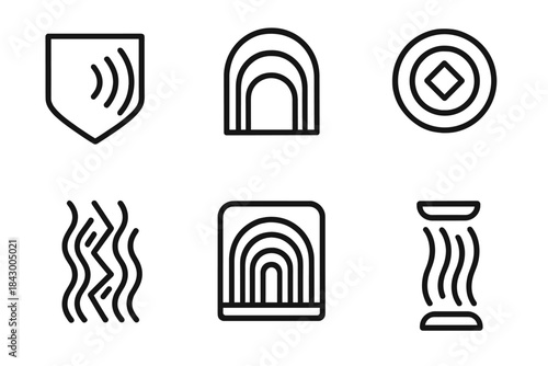 Reverberating Defense Icons. Line style icons of reverberating defense: sound barrier, echo archway, symbol portal, vibrating rune