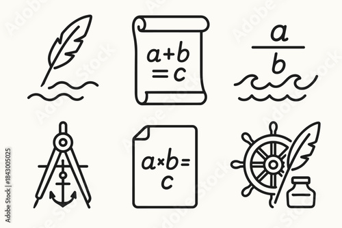 Nautical Equation Icons. Line style icons of nautical equation drafting: sea pen, calculation parchment, ratio tide, anchored
