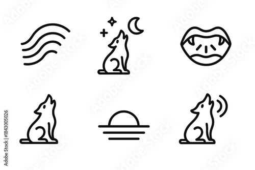 Dusky Howl Icons. Line style icons of dusky howl announcement: dark wave, twilight cry, fading mouth, horizon echo, dim signal,