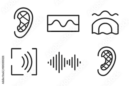 Sound Reception Icons. Line style icons of sound reception framework: lattice ear, wave channel, tonal bridge, echo structure,