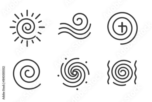 Spiritual Whirlpool Icons. Line style icons of consecrated whirlpool journey: radiant swirl, spiritual flow, holy motion, centered