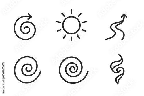 Pioneering Spiral Icons. Line style icons of pioneering spiral of dedication: advancing swirl, glowing ring, focused path, loyal