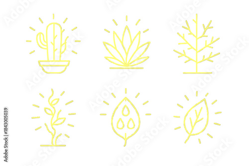 Glowing Desert Plants. Line style icons of glowing drought-resistant plants: light cactus, shining agave, radiant thorn bush,