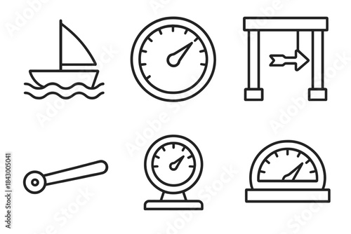 Sailing Instrument Icons. Line style icons of sailing beam indicator: boom arm, ocean yield, nautical gauge, harbor frame, result