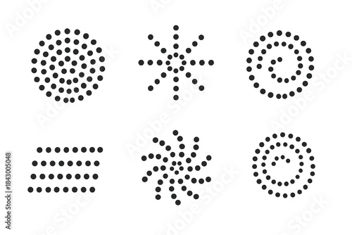 Dotted Pattern Unity. Line style icons of dotted pattern unity: circular grid, radiating spots, spiral array, cohesive lines,