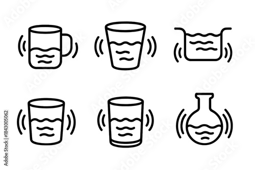 Vibrating Liquid Icons. Line style icons of vibrating draft from a pit: oscillating mug, echo cup, underground liquid, rippling