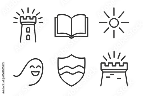 Joyful Narration Icons. Line style icons of joyful narration rampart: shining tower, open book, radiant beam, laughter wave, story