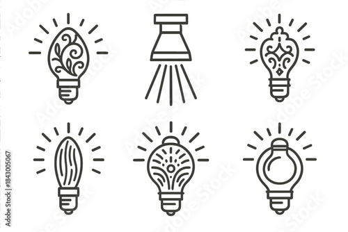 Engraved Light Icons. Line style icons of artistic engraved light: luminous carving, tailored beam, ornate gleam, delicate chisel,