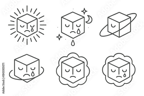 Sorrowful Cosmic Cube Icons. Line style icons of sorrowful cosmic cube: radiant edges, celestial tear, dim orbit, emotional