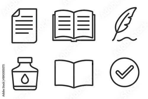 Authentic Writing Icons. Line style icons of authentic writing record: genuine page, balanced layout, luminous script, truthful