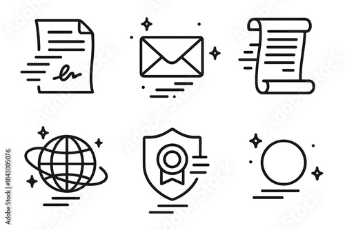 Vanishing World Icons. Line style icons of passing world’s last offer: vanishing contract, floating letter, dusk scroll, dim orbit