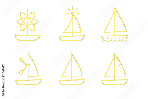 Futuristic Sailing Icons. Line style icons of metallic sailing craft: atomic mast, glowing beam, radiant hull, molecular sail,