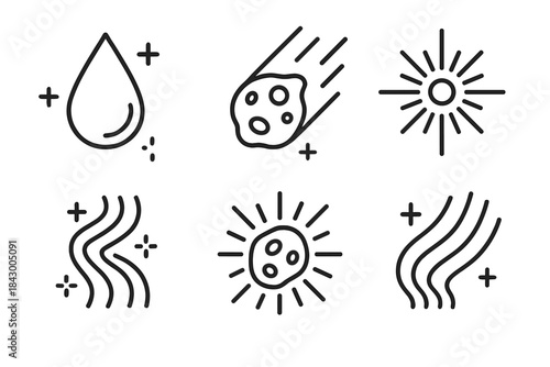 Celestial Purification Icons. Line style icons of radiant purification from space: falling droplet, glowing meteor, purifying glow