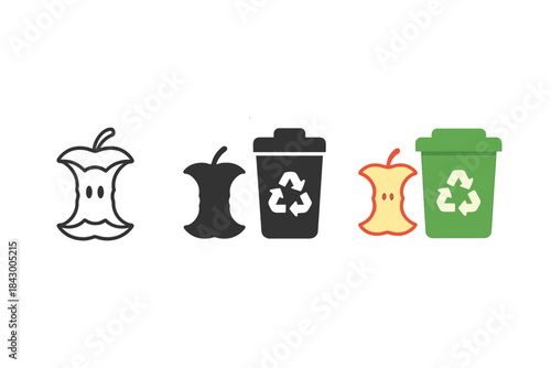 Recycling Icons Illustration. Recycling concept illustration with apple core and green bin silhouette, first in line style with