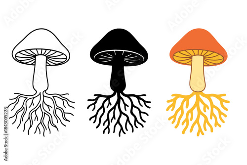 Mushroom Filament Network. Mushroom cap connected to vast underground web of branching filaments, first in line style with thin