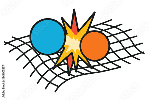 Subatomic Collision Art. Subatomic particle bubbles colliding within dynamic spacetime grid, first in line style with thin outline