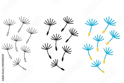 Dandelion Seeds in Flight. Abstract aerial view of dandelion seeds spreading evenly across open sky, first in line style with thin