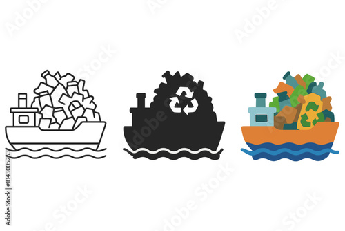 Recycling Ship Silhouettes. Industrial ship drifting in open sea carrying dense pile of recyclables and debris, first in line