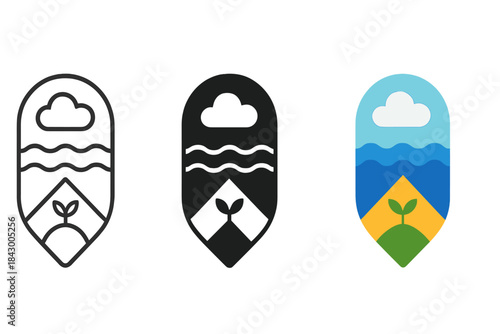 Nature's Balanced Harmony. Serene nature emblem showing earth, water, and cloud in balanced vertical harmony, first in line style