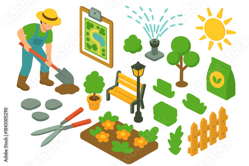 Gardening silhouette icon set. featuring gardener, shovel, tree, plant, pruning shears, watering can, and bench