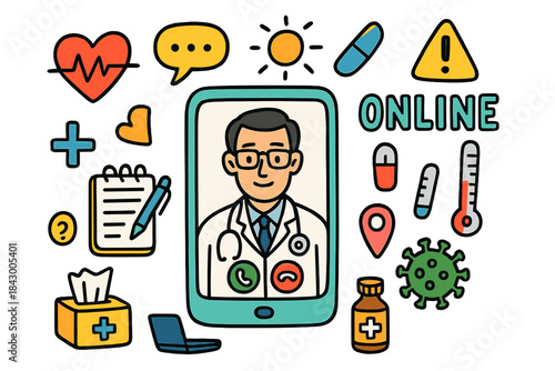 Healthcare linear icon set. featuring doctor, chat, online, medicine, heart, virus, and location symbols