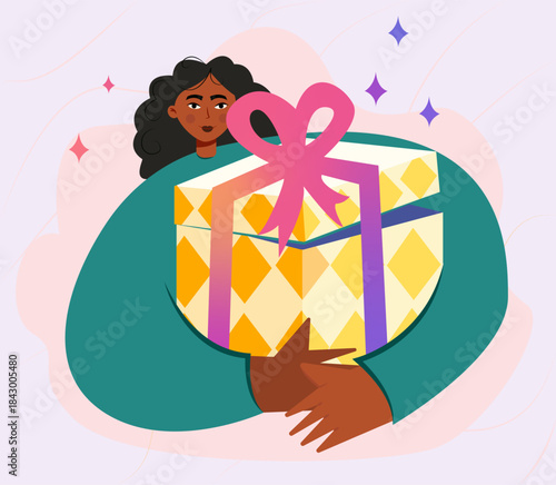 Beautiful Dark-Skinned Girl Holding a Gift in an Inclusive Festive Illustration
