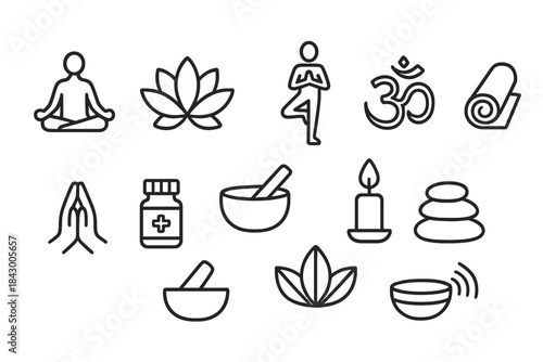 Yoga and wellness linear icon set. featuring lotus, meditation, yoga pose, om, mat, and candle symbols