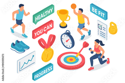 Fitness and health isometric icon set. featuring running, basketball, trophy, checklist, and target symbols
