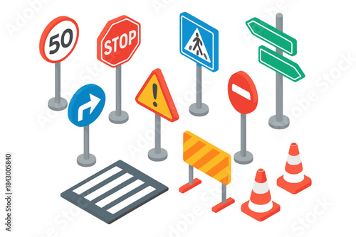 Traffic signs flat icon set. featuring stop, pedestrian, warning, speed limit, direction, and cones symbols