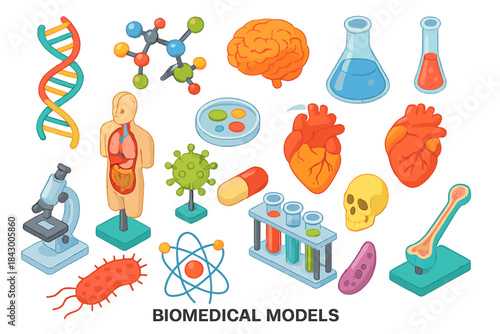 Biomedical models flat icon set. featuring dna, molecule, flask, heart, skull, and microscope symbols