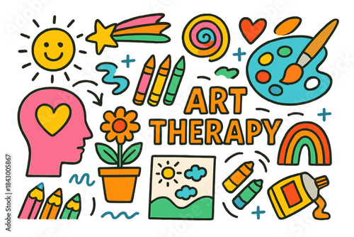 Art therapy flat icon set. featuring head, heart, flower, paints, rainbow, pencils, and more.