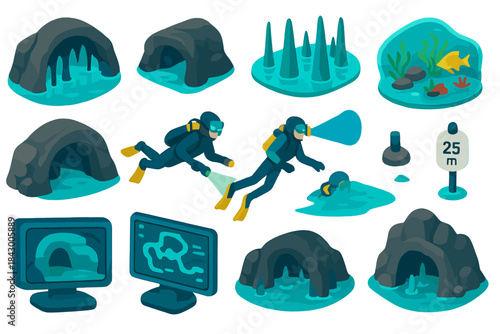 Underwater exploration silhouette icon set. featuring cave, diver, aquatic life, and depth marker symbols