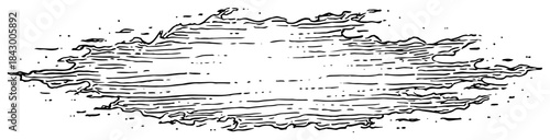 Hand drawn horizontal liquid puddle or ink stain texture with hatching details