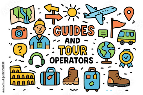 Travel and tourism flat icon set. featuring map, guide, camera, airplane, location, bus, and globe symbols
