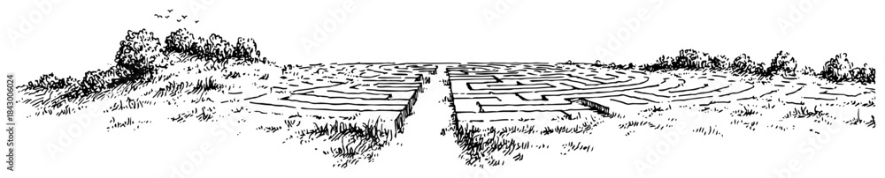 Fototapeta premium Hand drawn panoramic landscape with a path leading to a maze