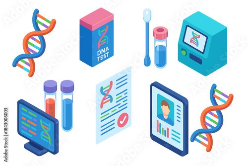 Genetic testing isometric icon set. featuring dna, test kit, swab, vial, machine, report, profile and controls