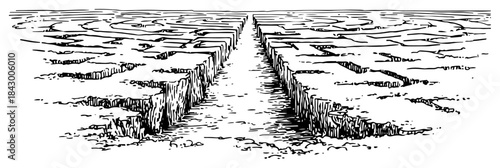 Perspective view of a path or canyon cutting through cracked dry ground in hand drawn sketch style