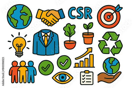 Corporate responsibility flat icon set. featuring earth, handshake, csr, target, lightbulb, suit, plants, recycle