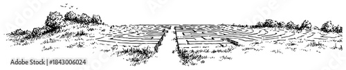Hand drawn panoramic landscape with a path leading to a maze