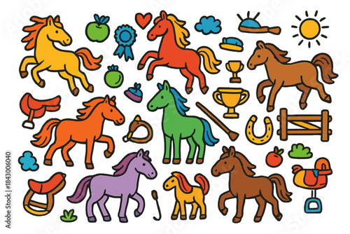 Equestrian flat icons set. featuring horse, saddle, trophy, apple, heart, sun, cloud, and hat symbols