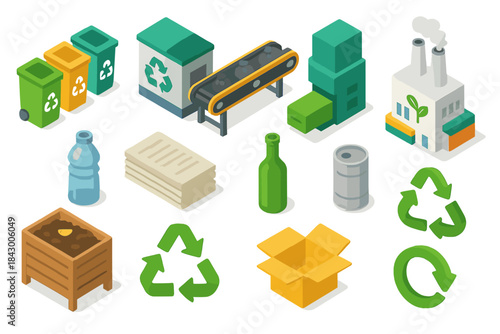 Recycling and waste management isometric icons set. featuring bins, conveyor, plant, bottle, compost, box symbols