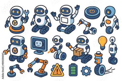Robotics linear icon set. featuring wrench, cyborg, robot, circuitry, gear, monitor, rocket, and battery symbols