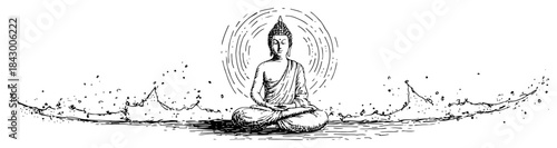Hand drawn sketch of sitting Buddha meditating with splashing water and halo background