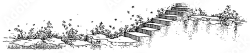 Hand drawn stone stairs leading upwards with small plants and stippling details