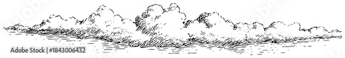 Hand drawn vector banner of cumulus cloud bank over calm water