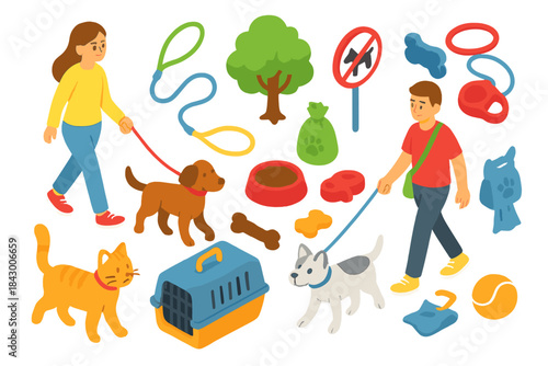Pet care flat icon set. featuring dog, cat, food bowl, leash, carrier, tree, and collar symbols